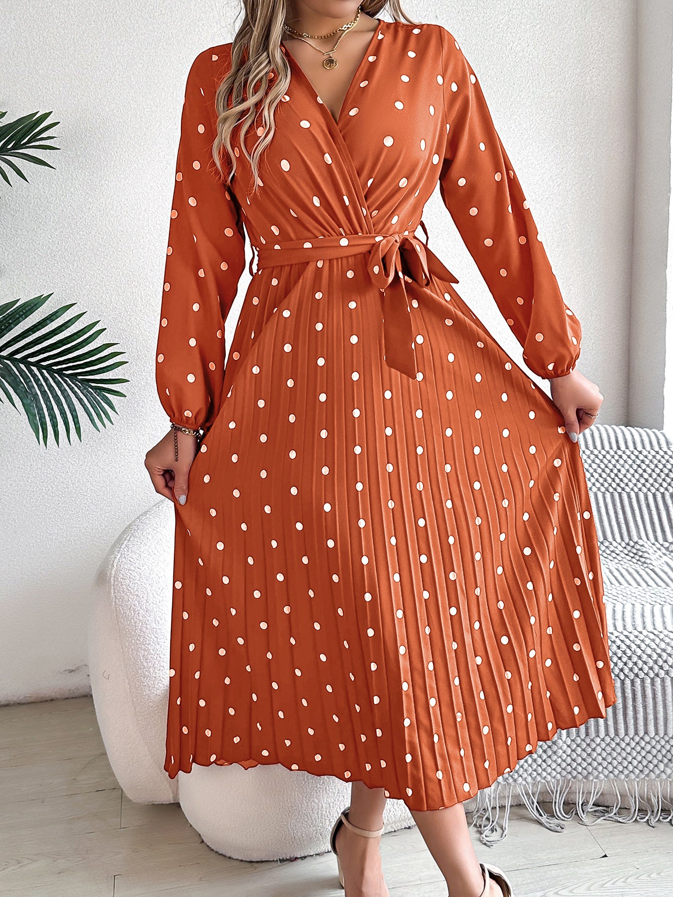 Robe longue élégante printemps-été, col en V croisé, pois contrastants, manches longues, plissée, robes de demoiselle d'honneur