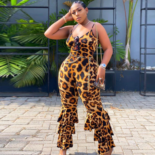 Combinaison oversize pour femme avec dos en V, bretelles sexy à imprimé léopard