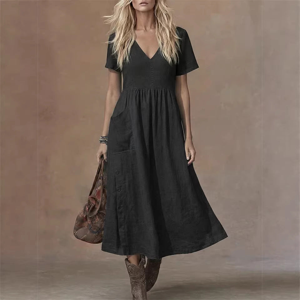 Robe ample tendance pour femme, col en V, manches courtes, avec poches