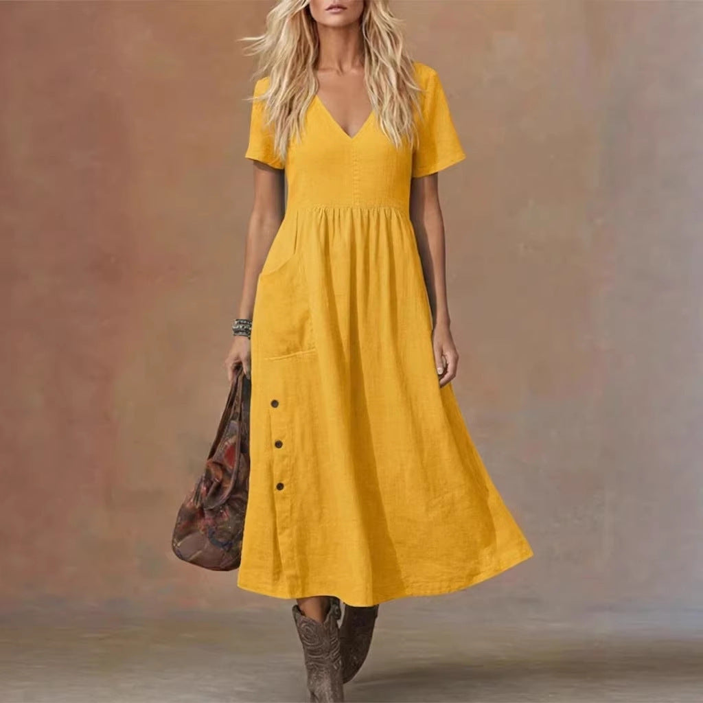 Robe ample tendance pour femme, col en V, manches courtes, avec poches