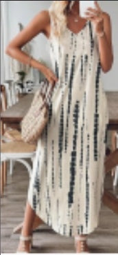 Robe longue femme sans manches à col en V asymétrique fendue avec poche, motif tie-dye