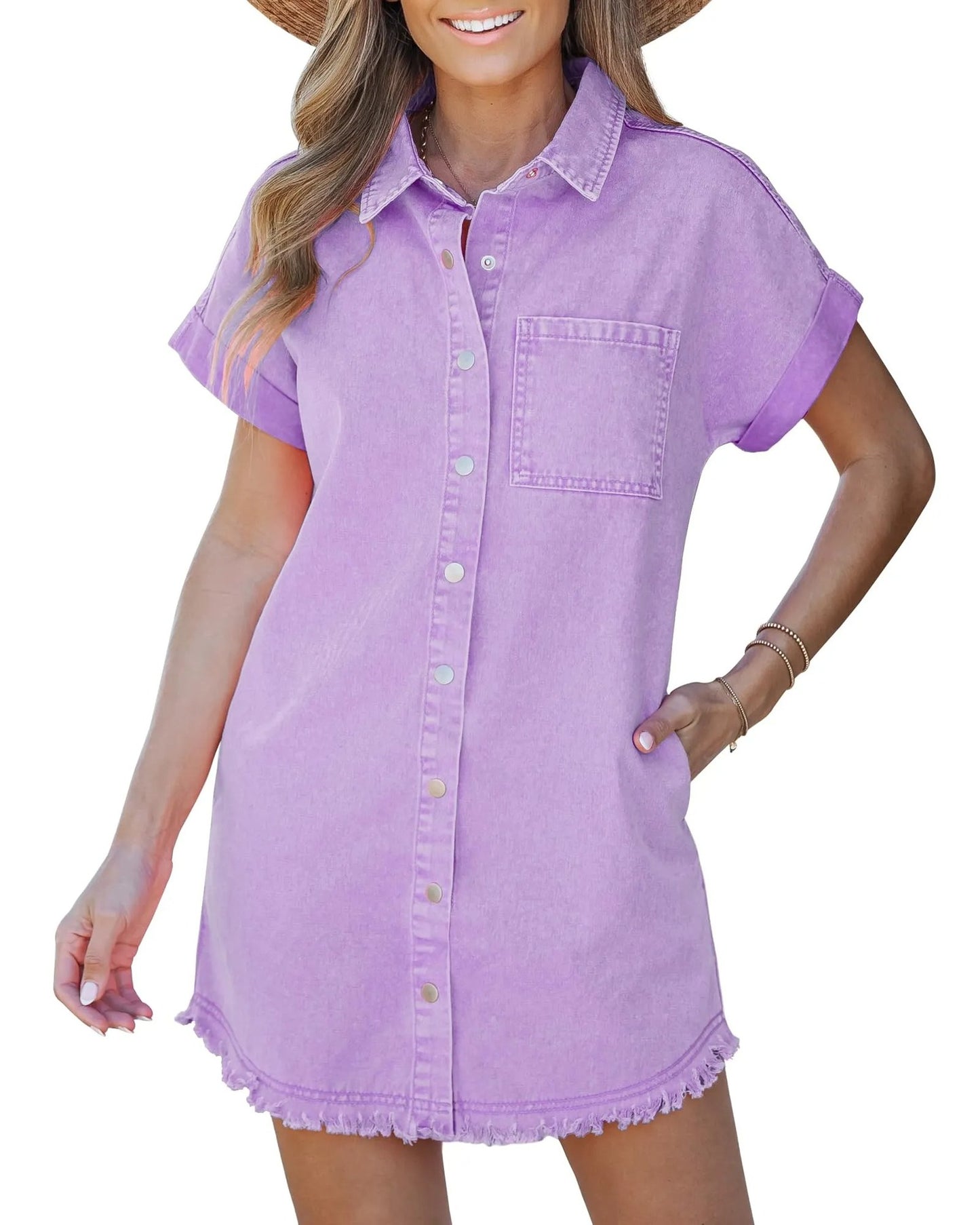 Women's Short-Sleeve Denim Shirt Dress, Casual Mini