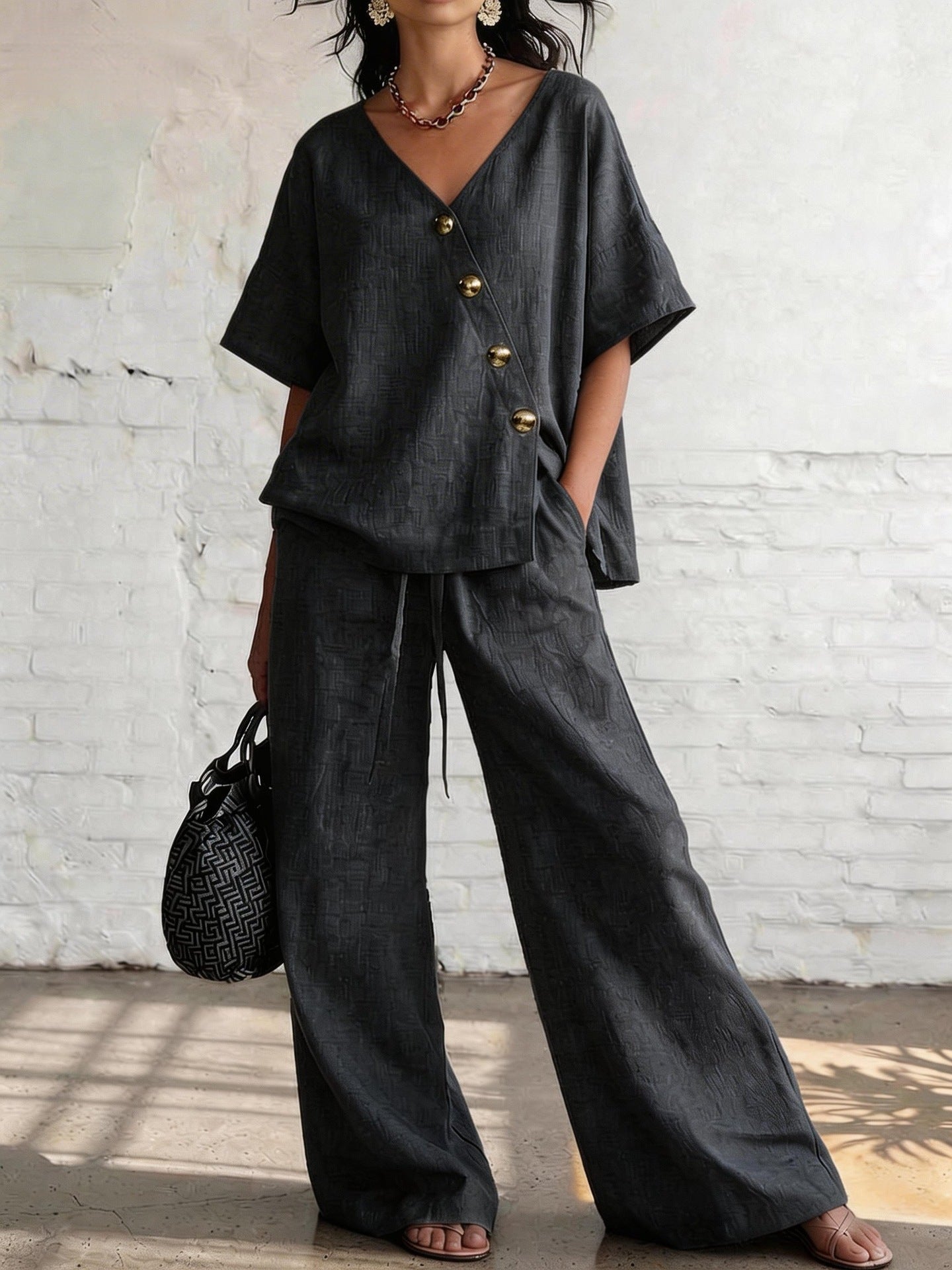 Casual Vacation Loose Cotton-Linen V-Neck Wide-Leg Pants Two-Piece Set