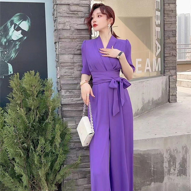Combinaison élégante à taille haute, coupe amincissante, couleur unie et jambe large avec laçage