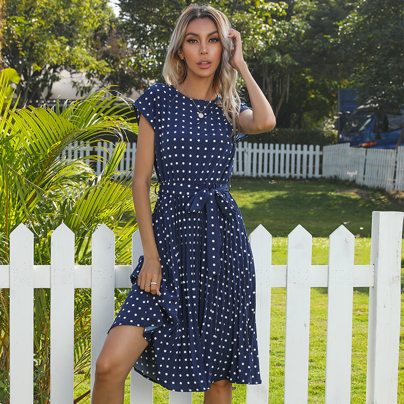 Sommer Damen Polka Dot Kurzarmkleid Freizeit Bandage Party Faltenrock Midi Kleider Elegant Grün Office Lady Kleidung
