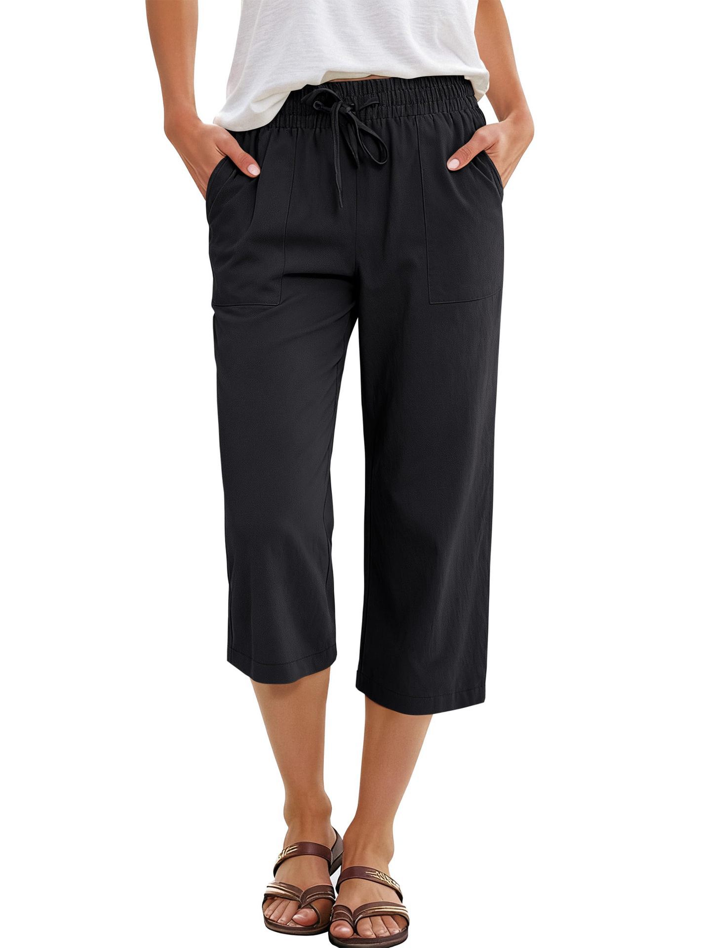 Solid-color Cotton-linen Relaxed-fit Drawstring Wide-leg Casual Pants