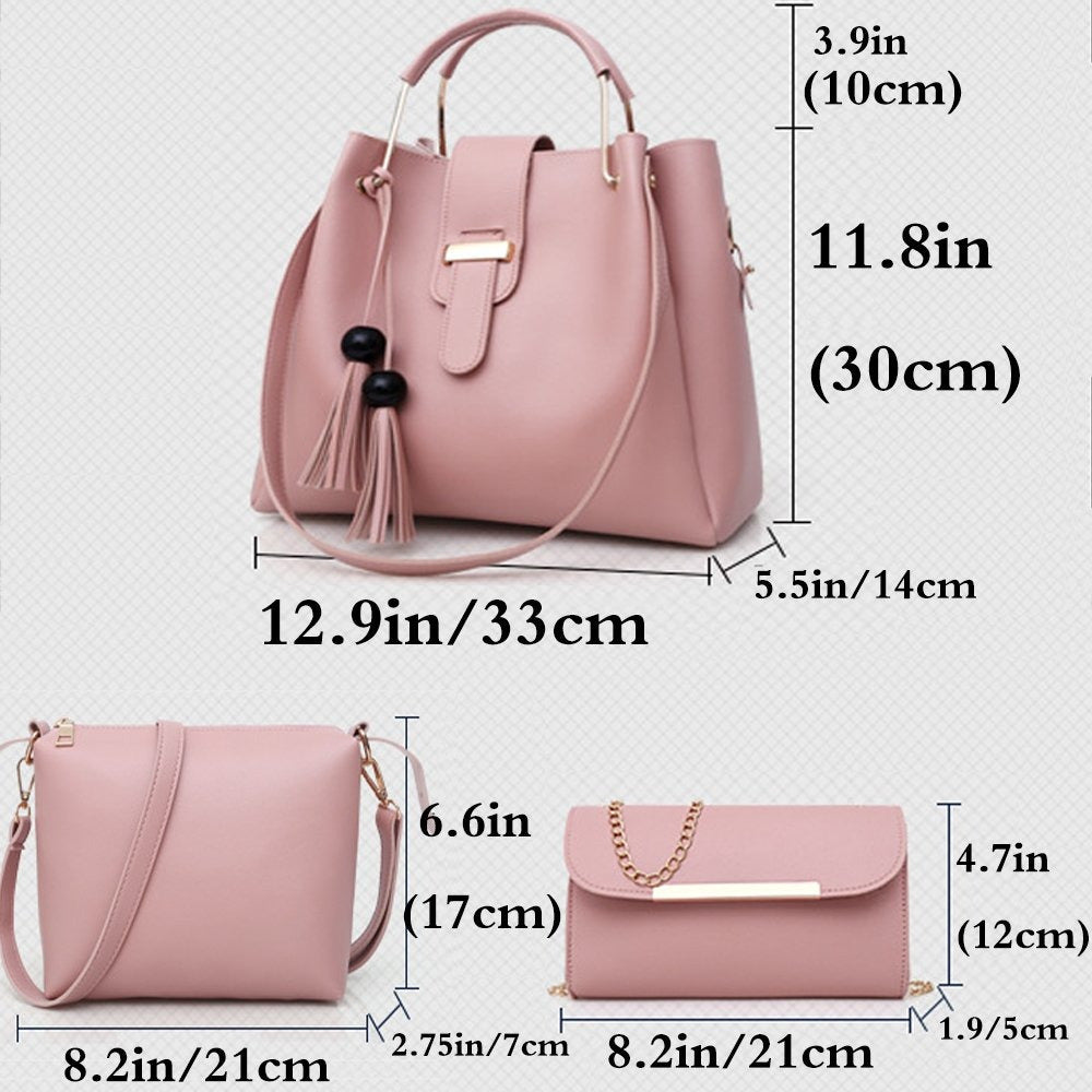 Ensemble de sacs à main pour femme 3 pièces avec pompon, sac fourre-tout, pochette, sac à bandoulière, sac à poignée supérieure