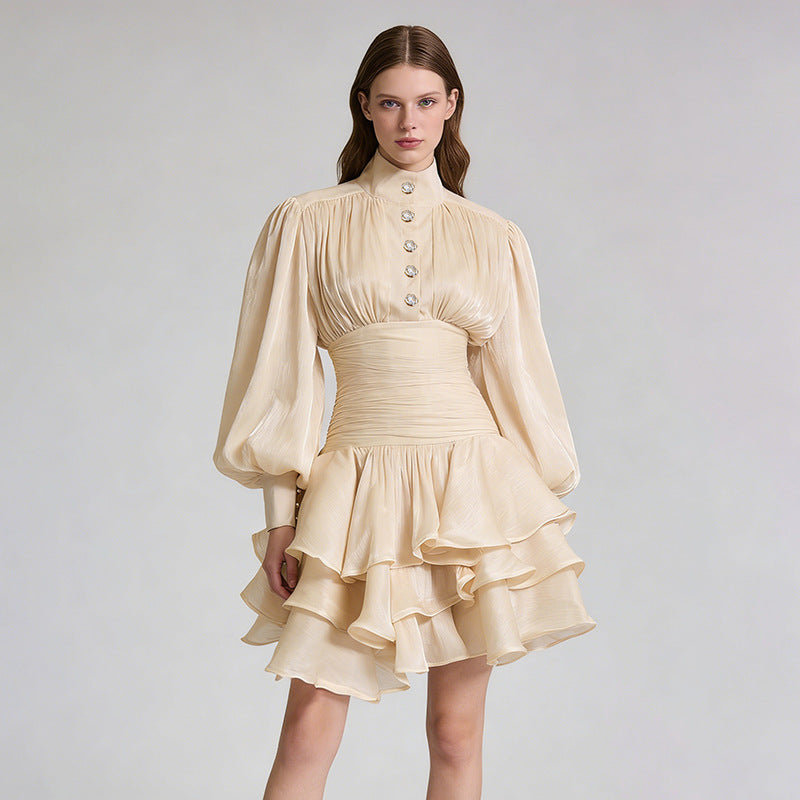 Mesh Puff-sleeve, Waist-cinched Dress With Ruffled Hem And Designer Details