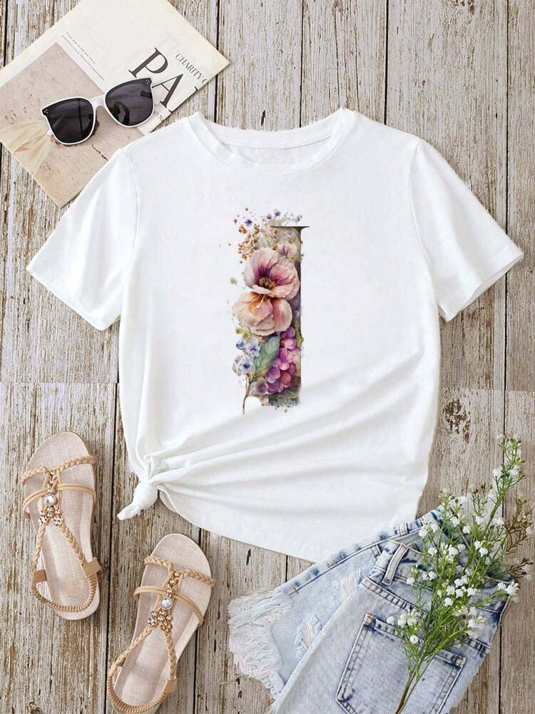 Stylish Womens T-shirt Featuring A Floral Letter Font With The First Letter Of Your Name Short-sleeve Top In White