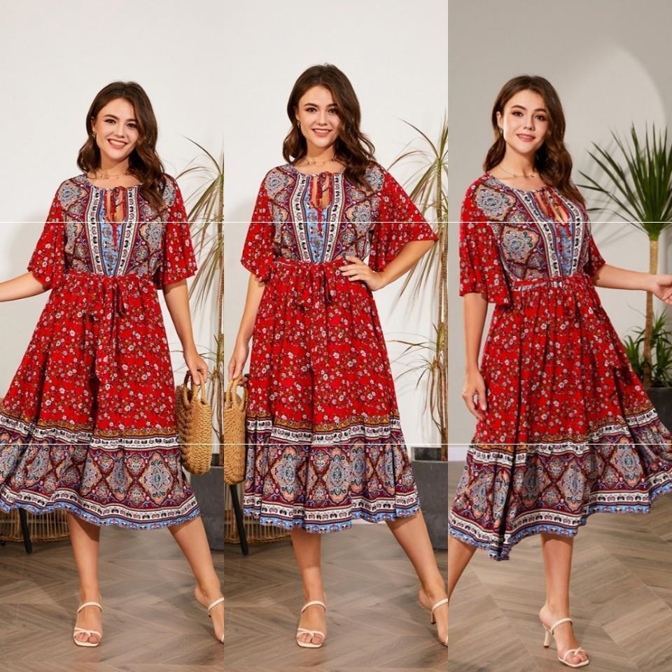 Damen Sommer V-Ausschnitt Strandkleid mit Print für große Größen