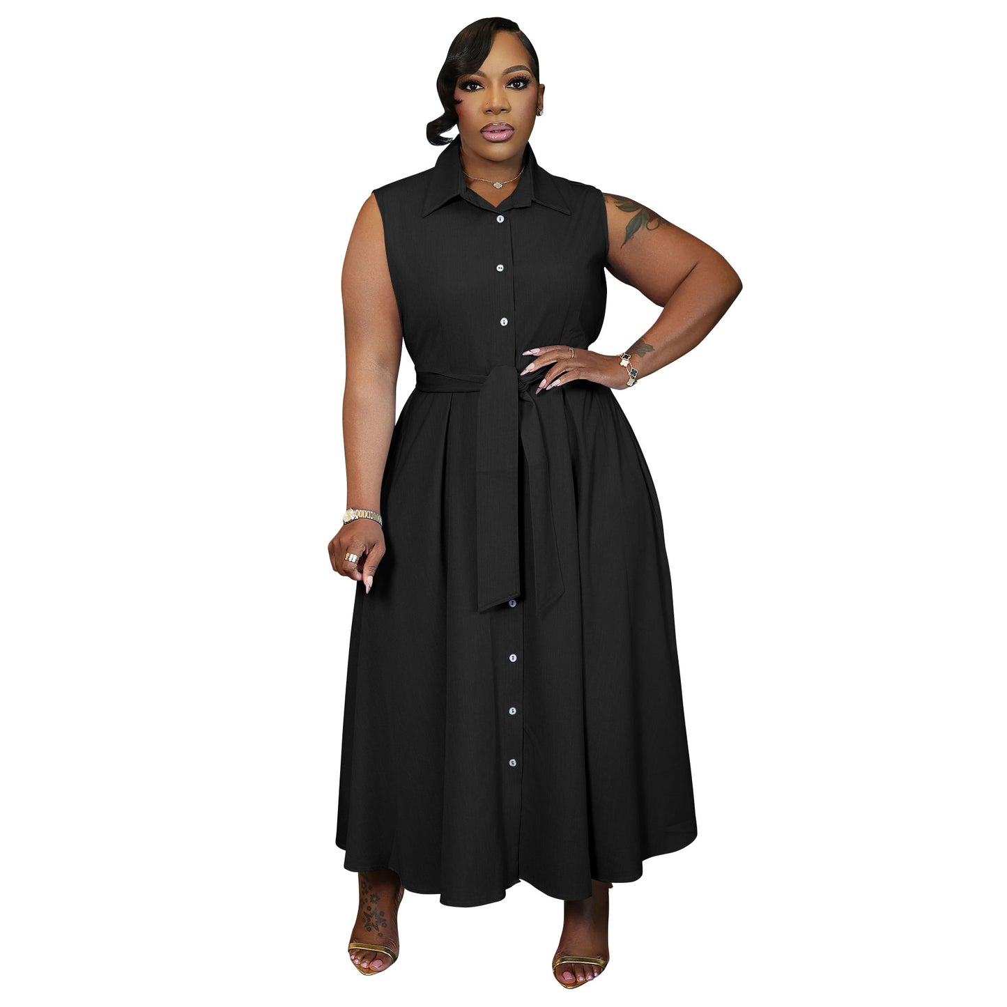 Sleeveless Belted Shirt Dress For Women