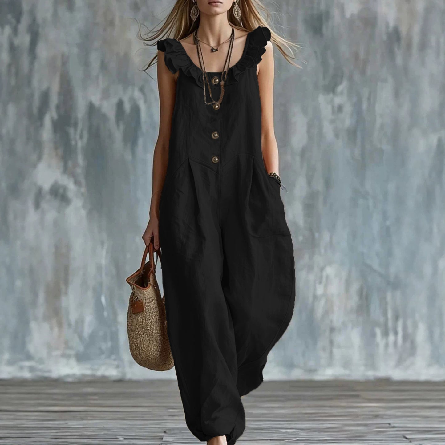 Womens Solid-Colored Sleeveless Button-Down Jumpsuit