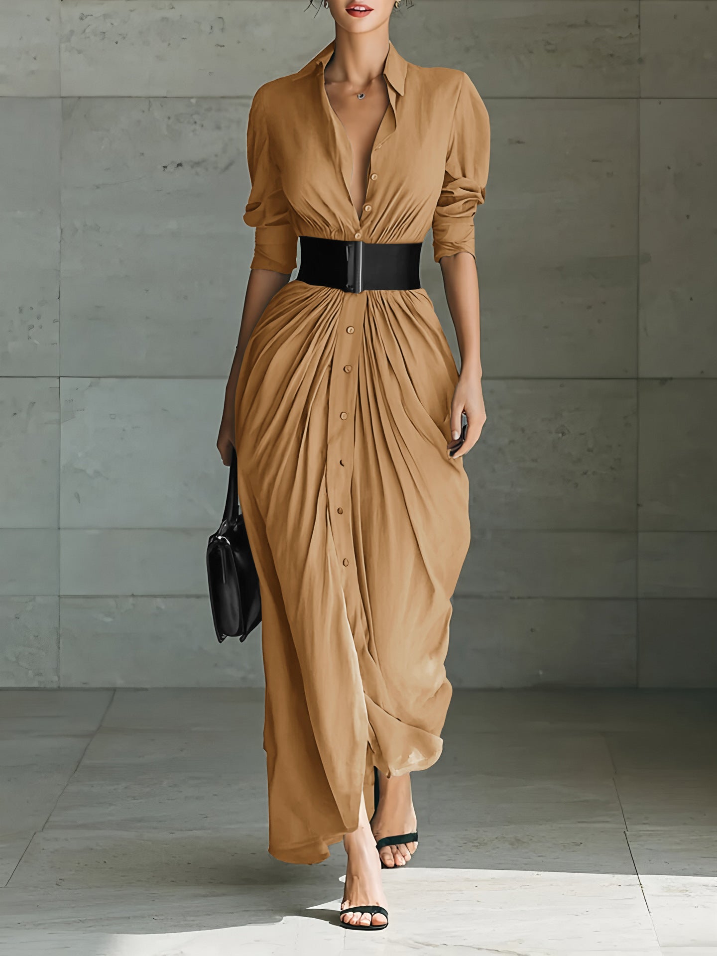 Robe chemise chic boutonnée à col avec ceinture
