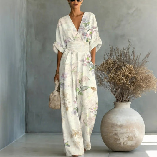 Waist-cinched V-neck Printed Womens Jumpsuit