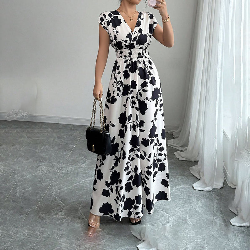 Damen Wickelkleid V-Ausschnitt Kurzarm Empire-Taille Elastische Taille Sommer Lässige Elegante Maxi Lange Kleider