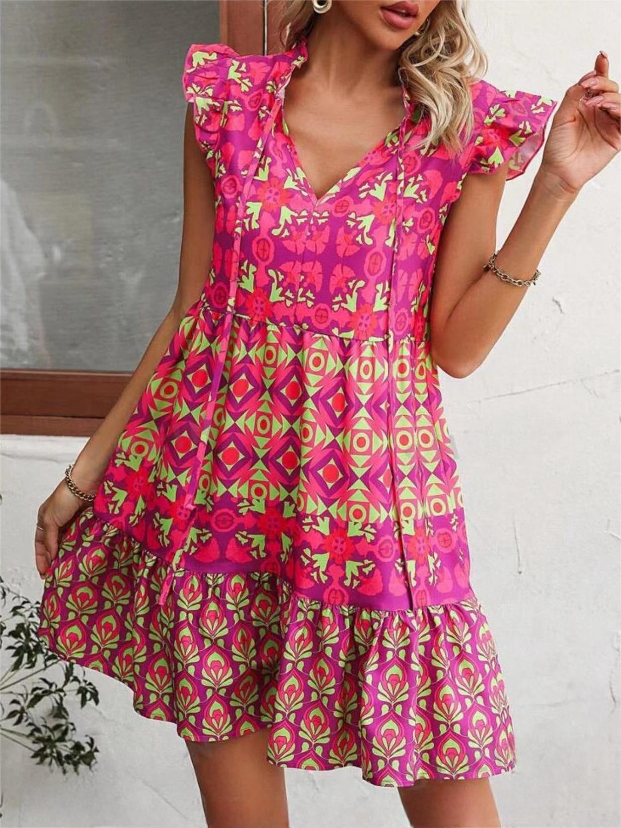 Bedrucktes ärmelloses Kleid Sommer Mode V-Ausschnitt zum Schnüren gerade Kleider für Damenbekleidung