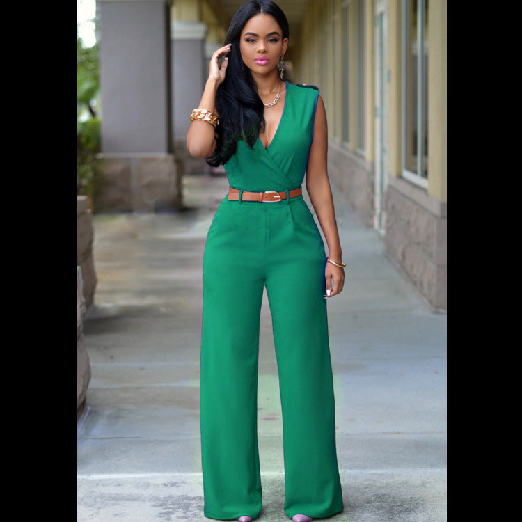 Ensemble tailleur irrégulier avec pantalon large taille haute, col en V et ceinture