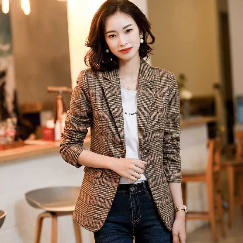 Karierter Blazer Damen Korea-Stil Britischer Stil Herbst/Winter