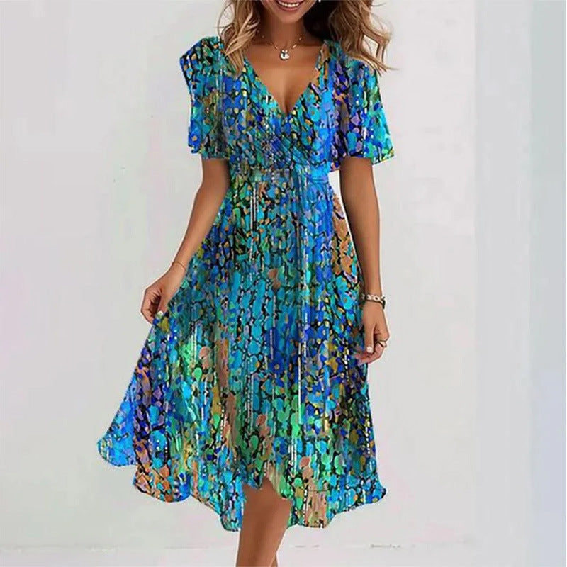 Robe d'été évasée à fleurs imprimées et col en V, à manches courtes pour femme