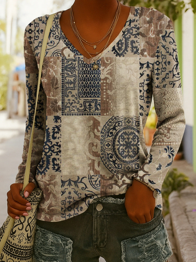 T-shirt à manches longues imprimé col en V style ethnique tendance