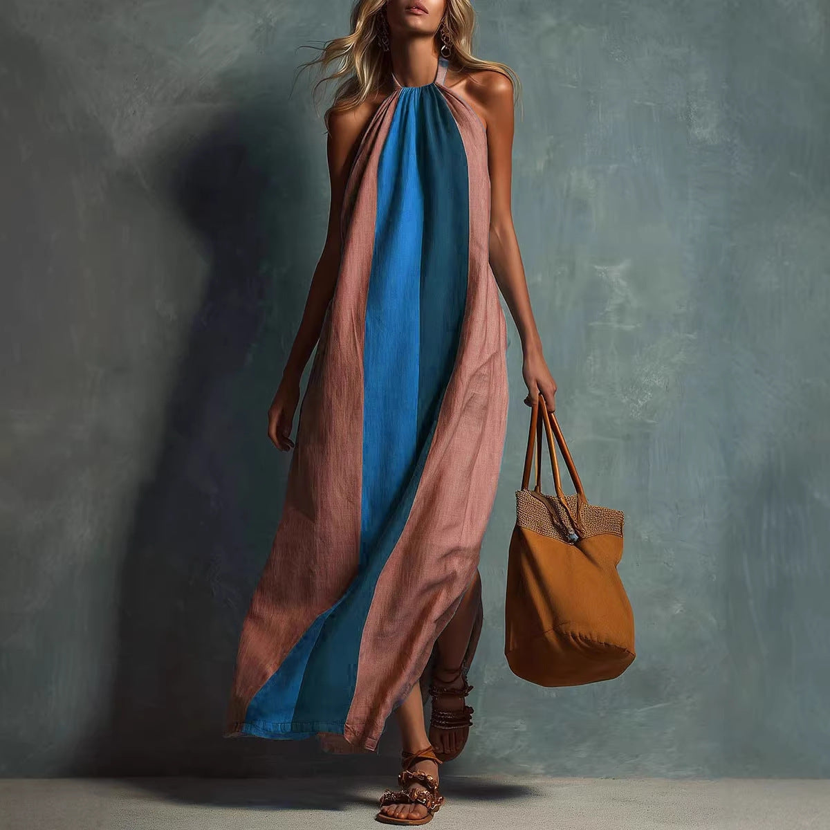 Neck-hanging Color-block Sleeveless Womens Long Dress