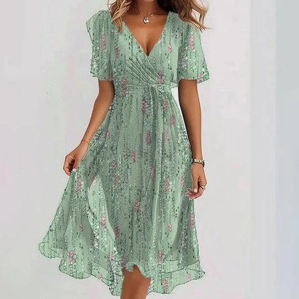 Robe d'été évasée à fleurs imprimées et col en V, à manches courtes pour femme