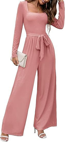 Modischer langärmeliger Jumpsuit mit eckigem Ausschnitt, Bindegürtel und weitem Bein