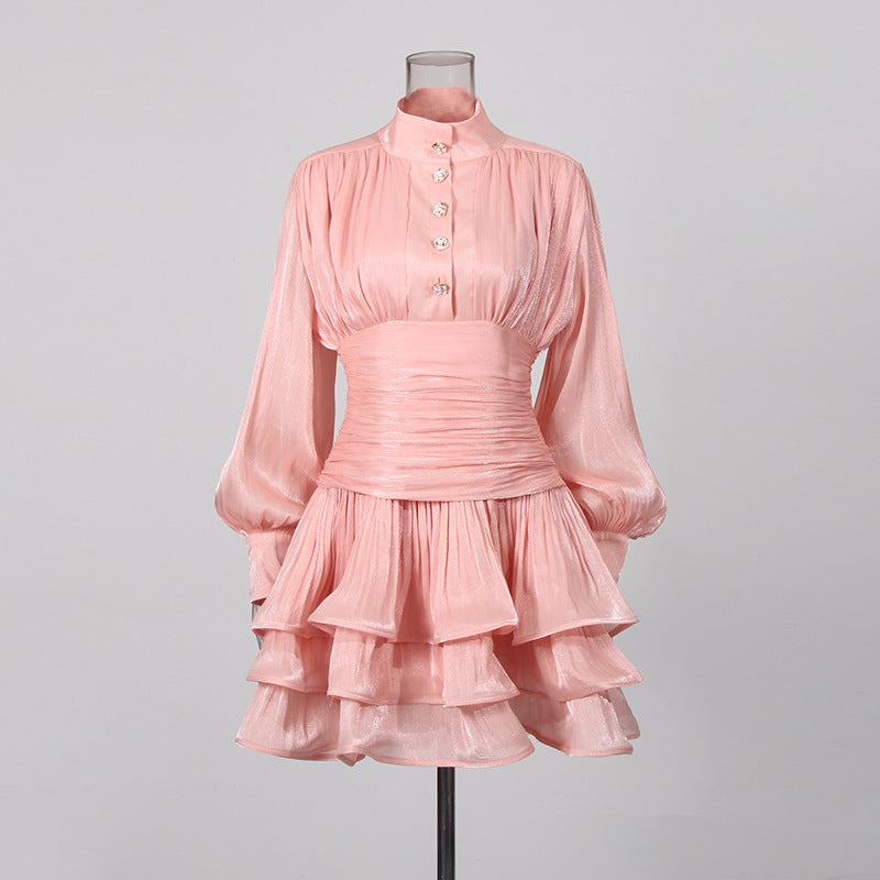 Mesh Puff-sleeve, Waist-cinched Dress With Ruffled Hem And Designer Details