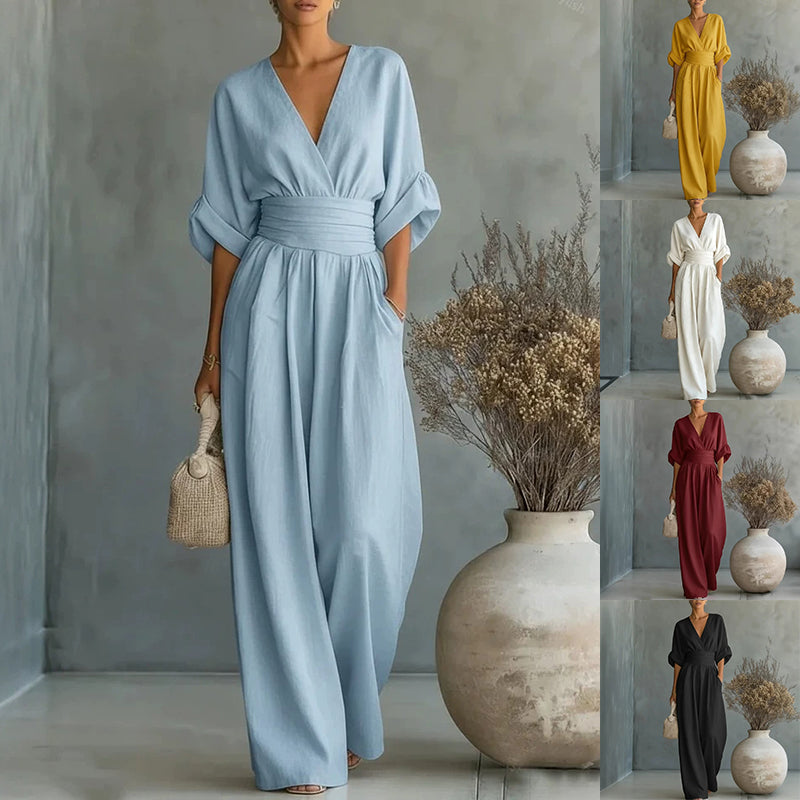 Sommer Kurzarm Jumpsuit Mode Lässig V-Ausschnitt Weite Hose Damenbekleidung