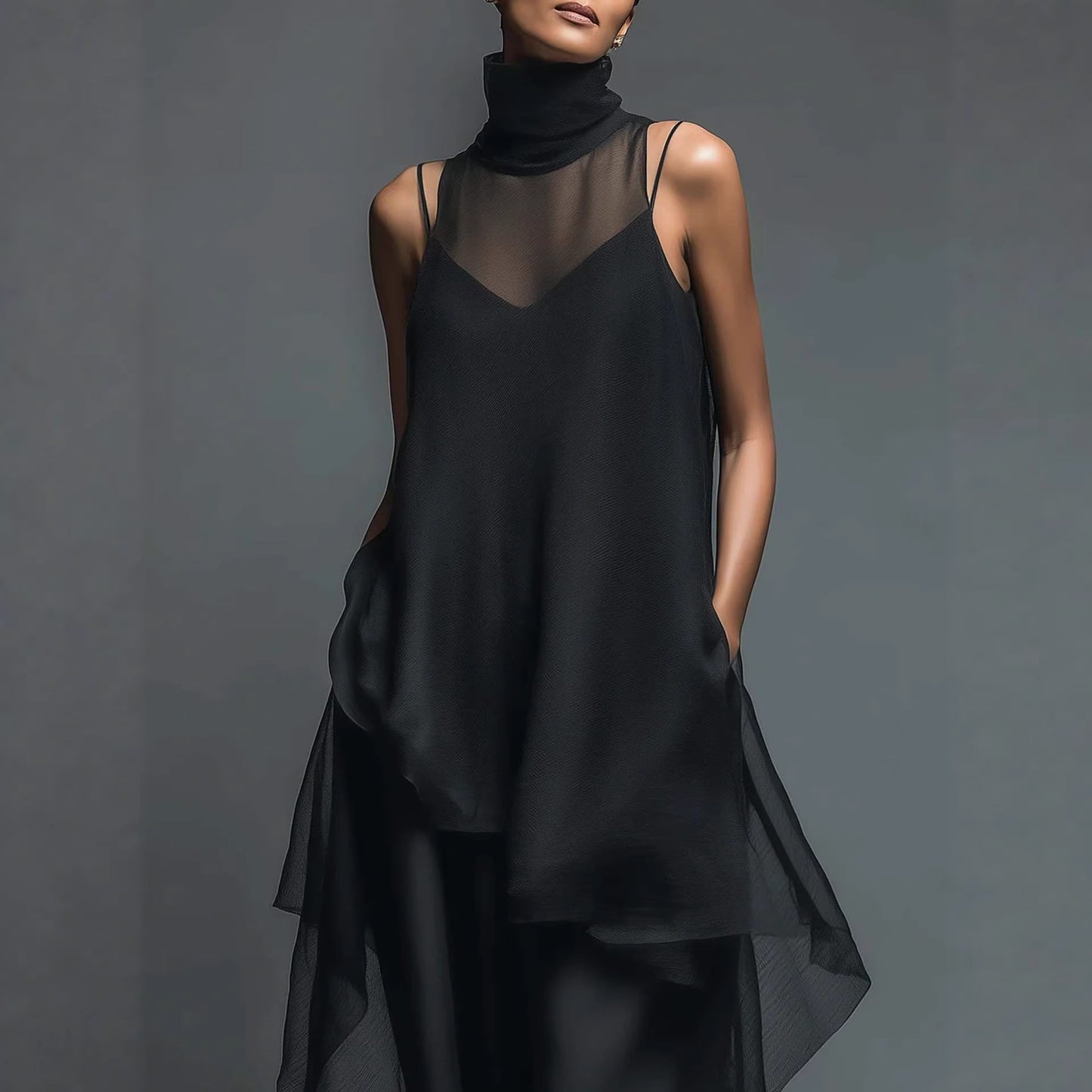 Hochgeschlossenes, asymmetrisches zweiteiliges Set aus schwarzem Slip-Chiffon