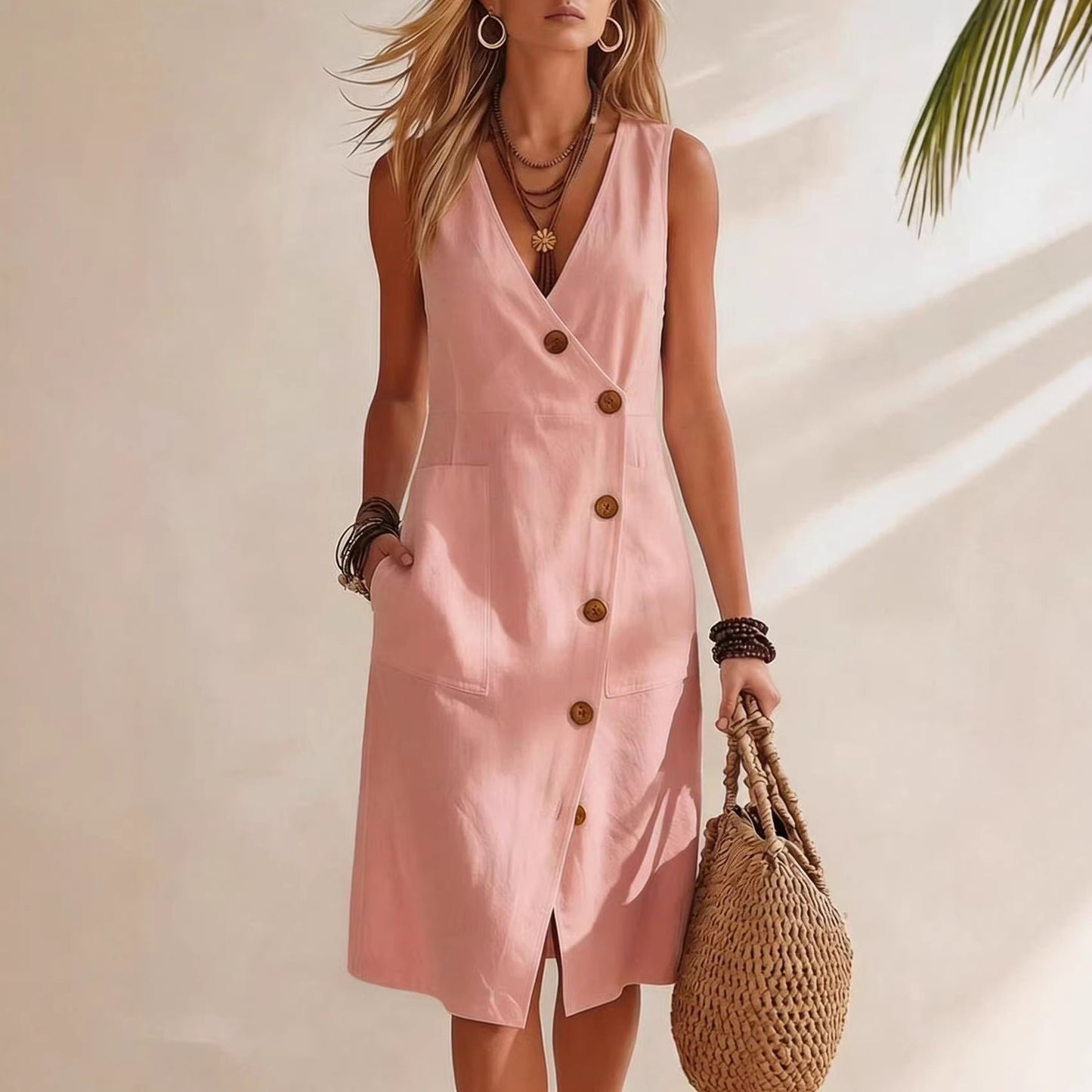 Resort-style V-neck Sleeveless Asymmetrical-button Midi Dress