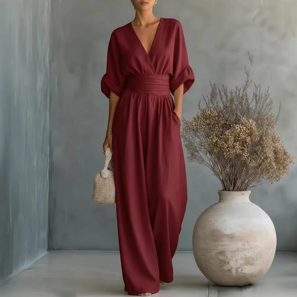 Sommer Kurzarm Jumpsuit Mode Lässig V-Ausschnitt Weite Hose Damenbekleidung