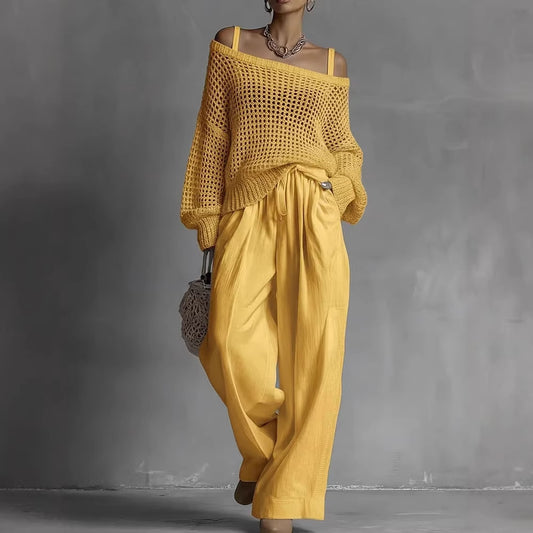 Womens Comfortable Hollow-Out Knitted Top And Linen Pants Two-Piece Set