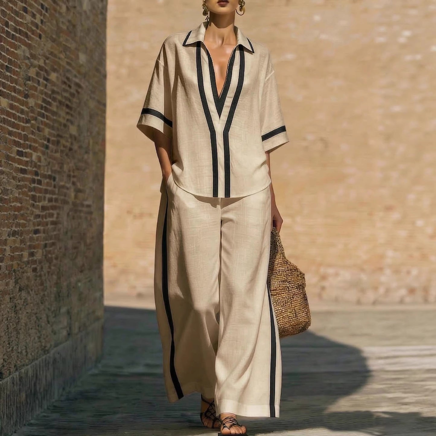 Color-Block Kurzarm-Top und weite Hose Zweiteiler Set - Lässiges Sommer Loose Fit Matching Outfit für Damen Alltag