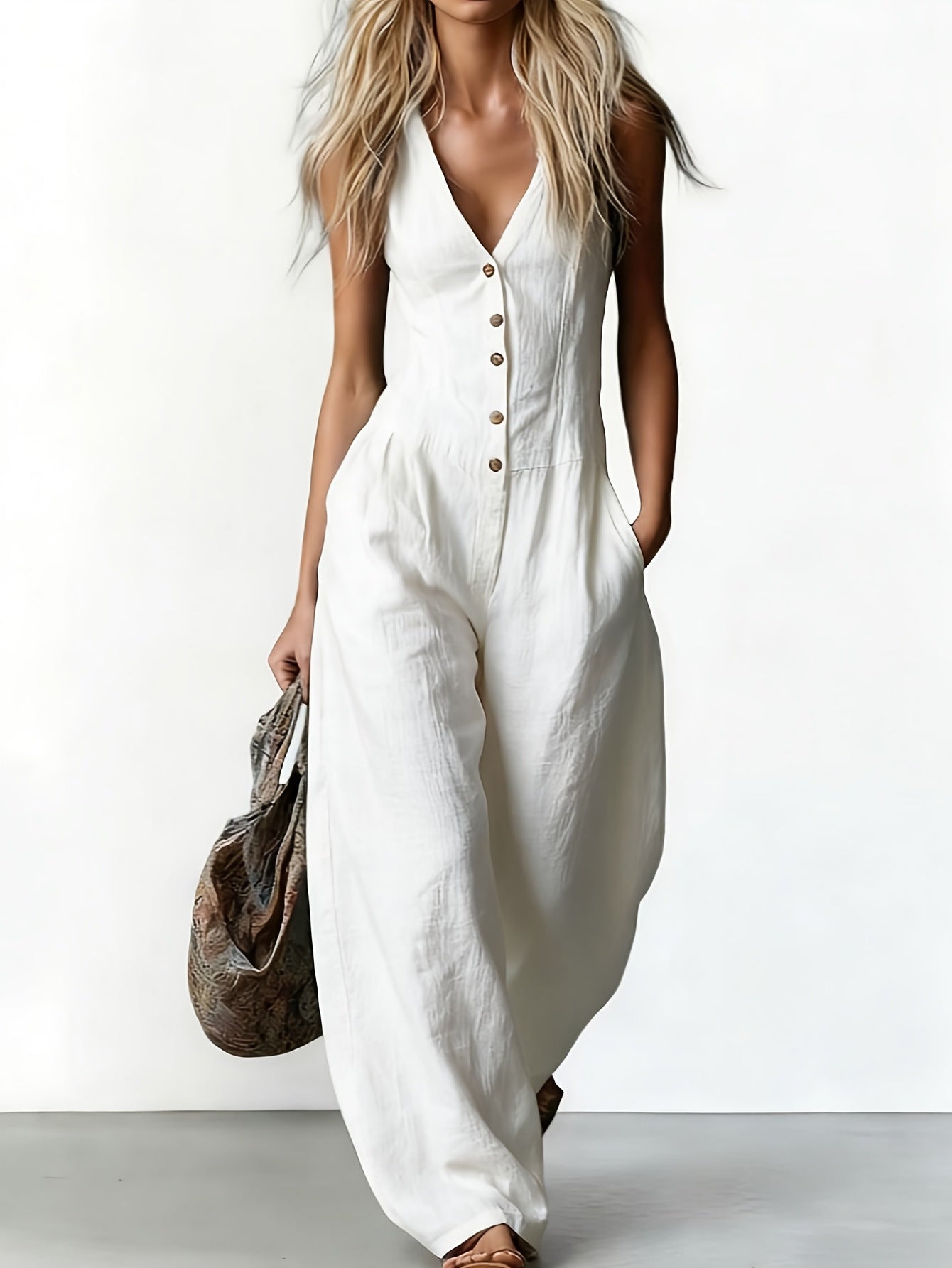 Fashion Textured Commuter V-neck Sleeveless Linen-look Jumpsuit For Women
