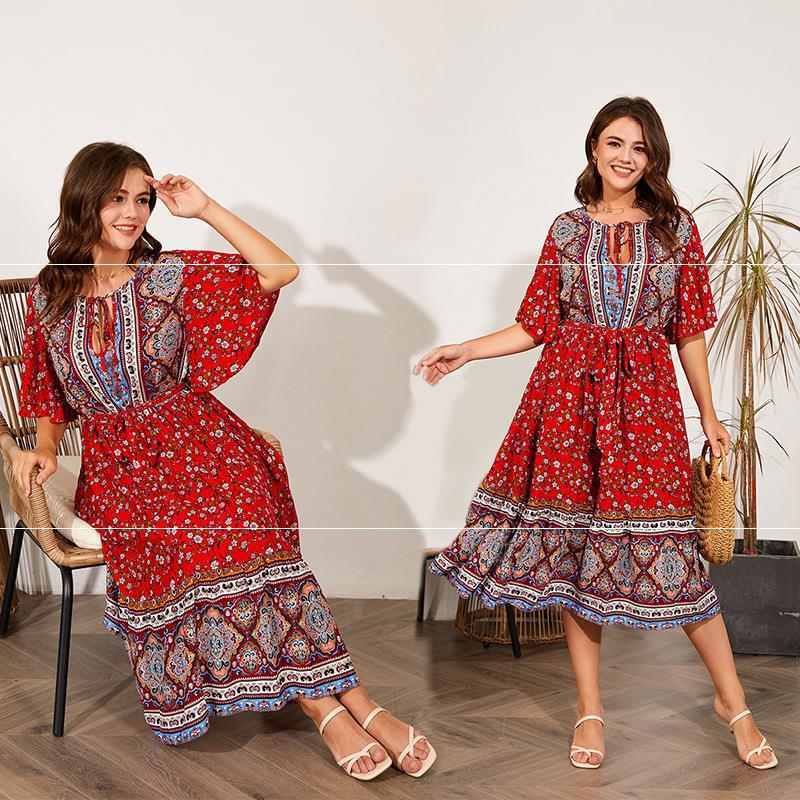 Damen Sommer V-Ausschnitt Strandkleid mit Print für große Größen