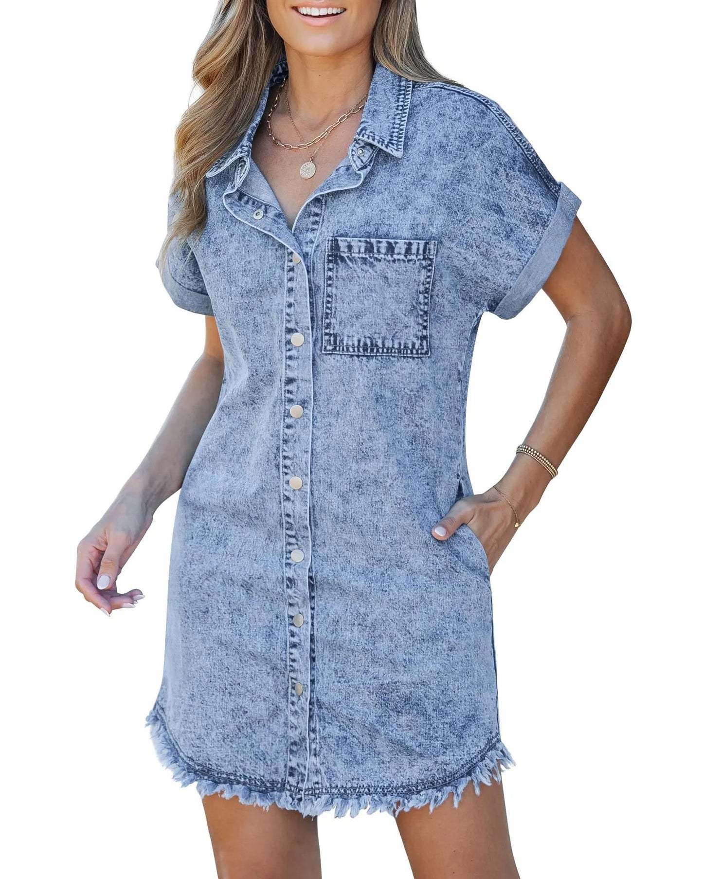 Women's Short-Sleeve Denim Shirt Dress, Casual Mini
