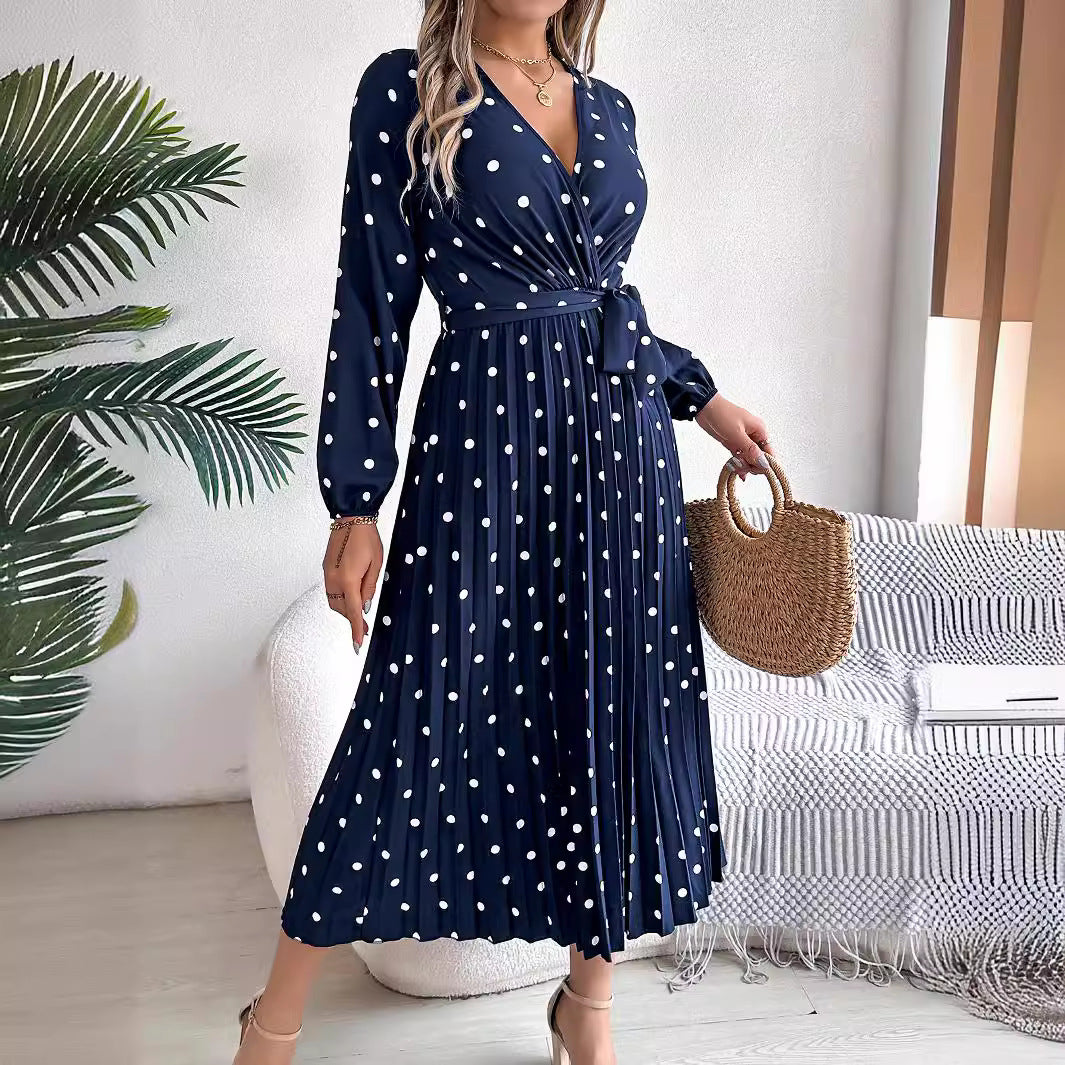 Robe longue élégante printemps-été, col en V croisé, pois contrastants, manches longues, plissée, robes de demoiselle d'honneur