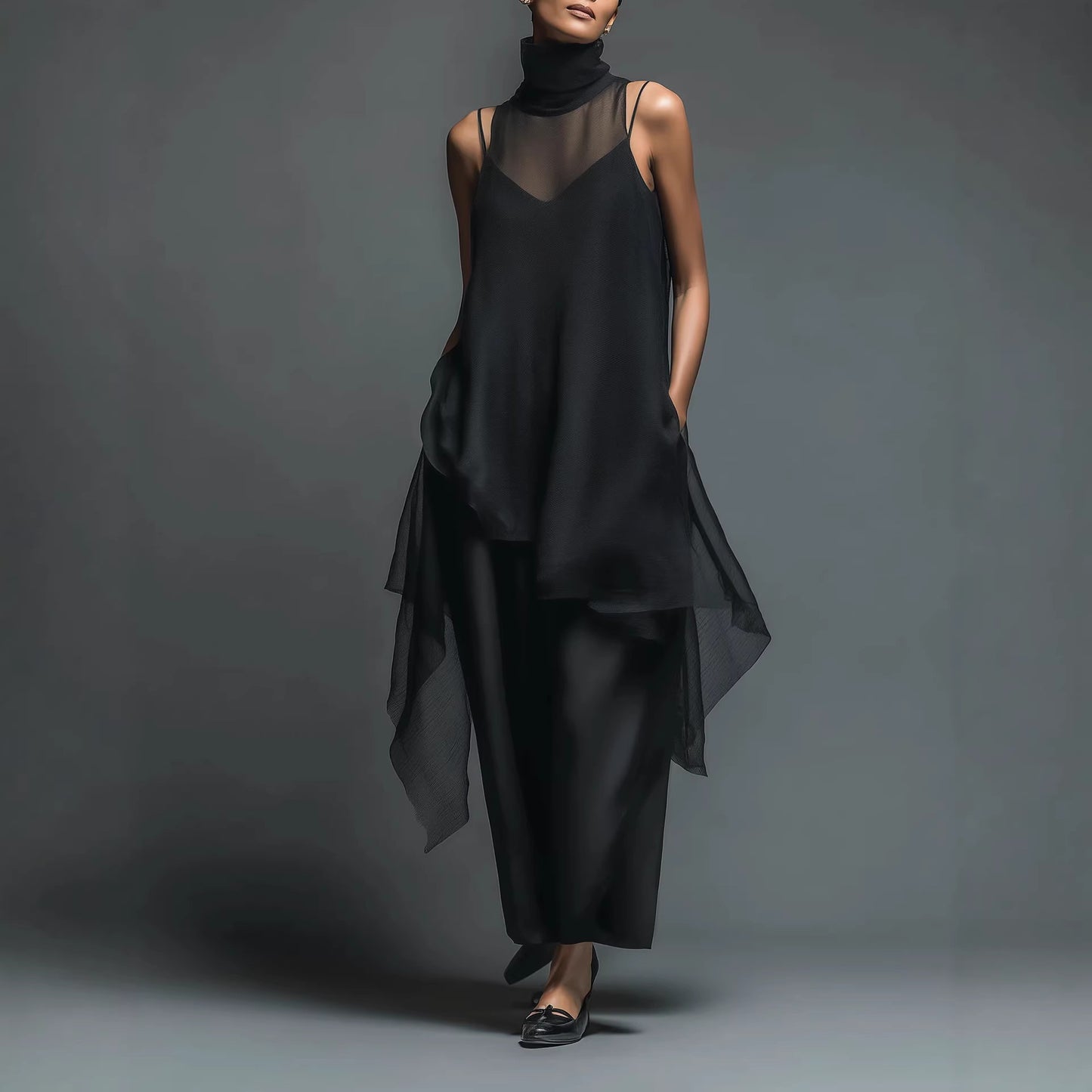 Hochgeschlossenes, asymmetrisches zweiteiliges Set aus schwarzem Slip-Chiffon