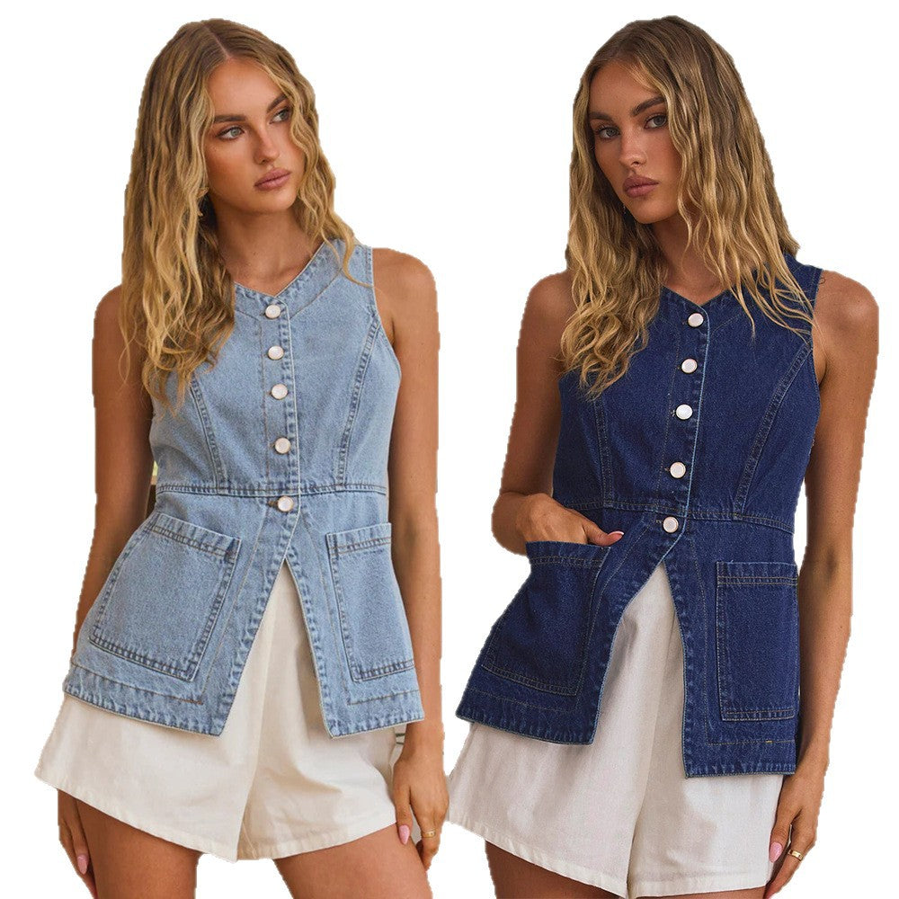 Modische lässige schmal geschnittene Jeansweste mit Knöpfen