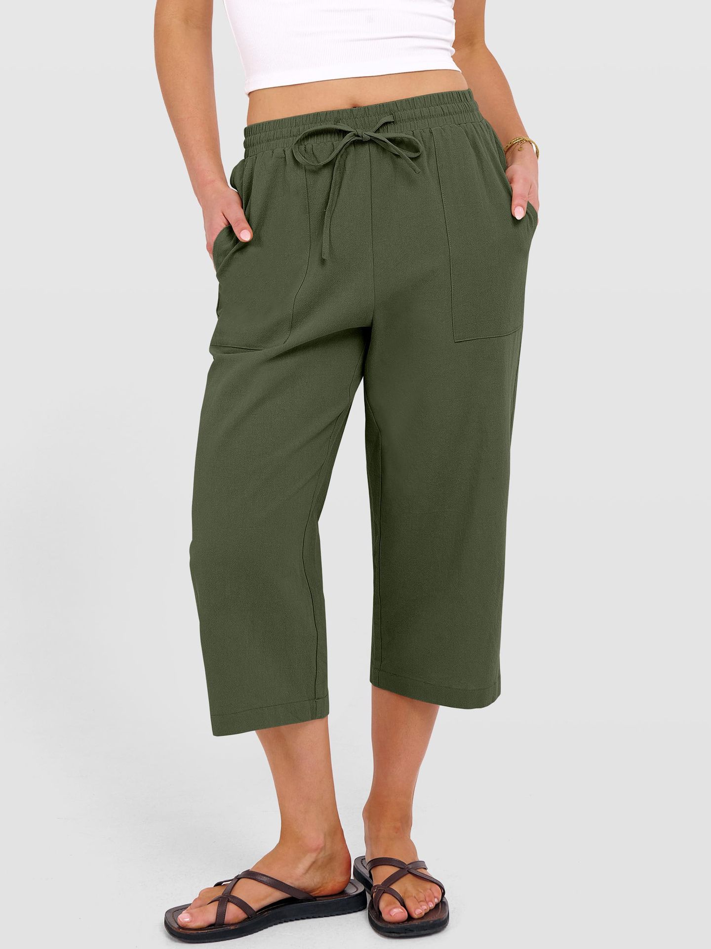 Solid-color Cotton-linen Relaxed-fit Drawstring Wide-leg Casual Pants
