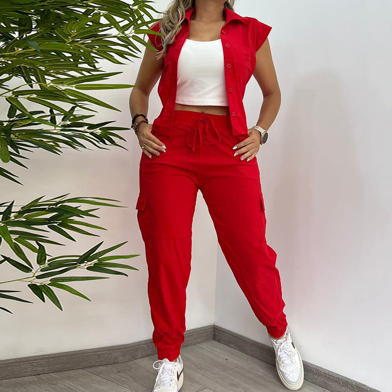 Damen modischer eleganter Revers Kurzarm-Hemd- und Hosenanzug