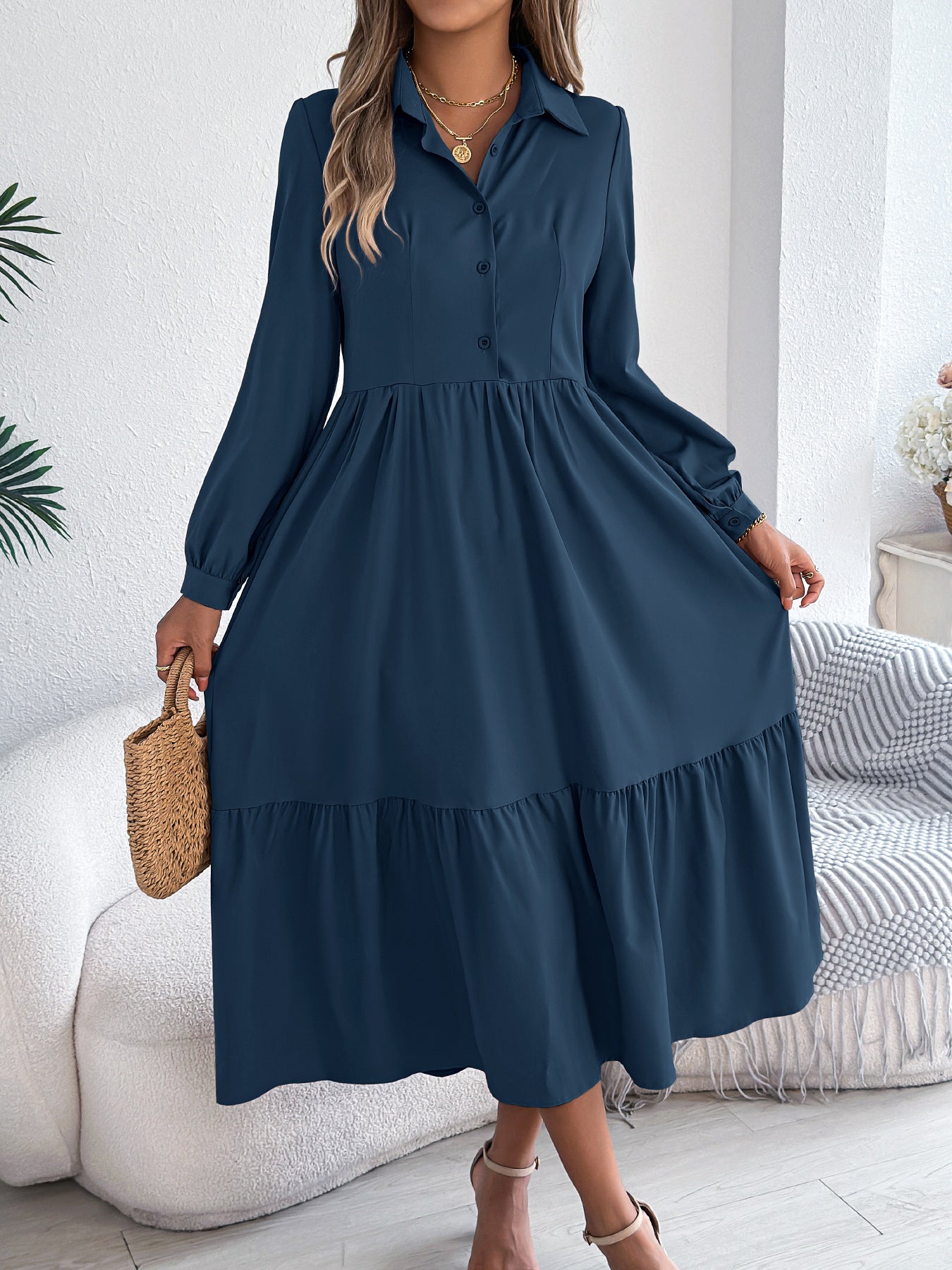 Damen Revers Casual Loose Langarm Rüschen Hemdblusenkleid Langarm Umlegekragen Einreiher Kleid Frühling Herbst Mode Damenbekleidung für den Urlaub