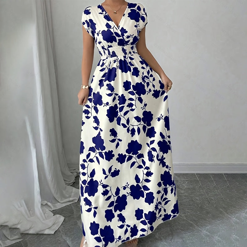 Damen Wickelkleid V-Ausschnitt Kurzarm Empire-Taille Elastische Taille Sommer Lässige Elegante Maxi Lange Kleider