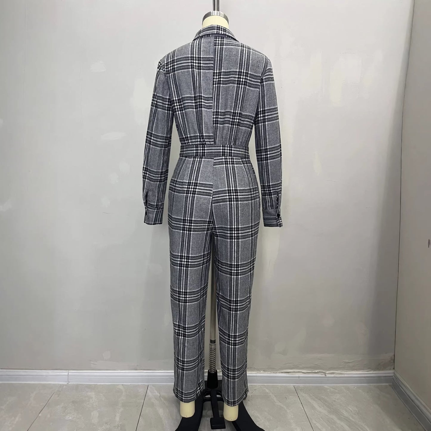 Retro Plaid High-Waisted Jumpsuit And Pockets For Women