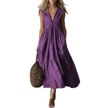 Solid-color Sleeveless V-neck Dress