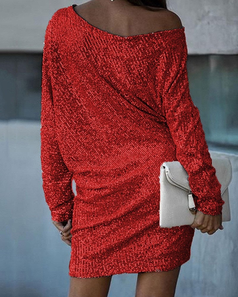 Mode Schräge Schulter Pailletten Kleid Ins Langarm Kleider Für Party Damenbekleidung