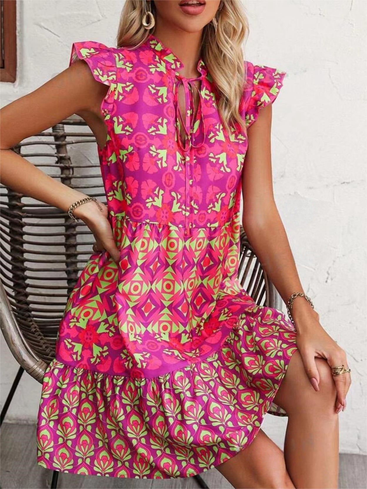 Bedrucktes ärmelloses Kleid Sommer Mode V-Ausschnitt zum Schnüren gerade Kleider für Damenbekleidung