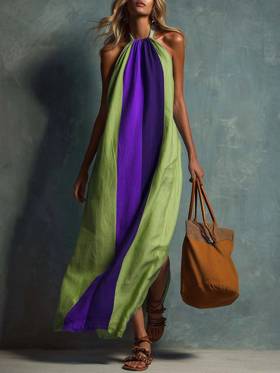 Neck-hanging Color-block Sleeveless Womens Long Dress