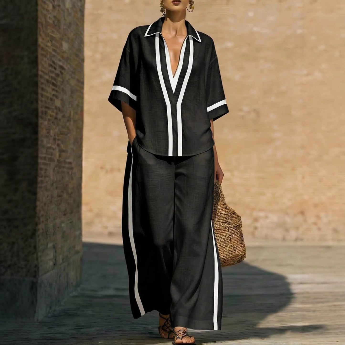 Color-Block Kurzarm-Top und weite Hose Zweiteiler Set - Lässiges Sommer Loose Fit Matching Outfit für Damen Alltag